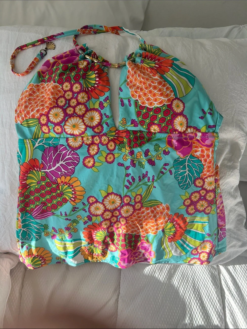 Trina Turk Turquoise Floral Halter Tankini Top with Orange and Pink Accents - Picture 1 of 8
